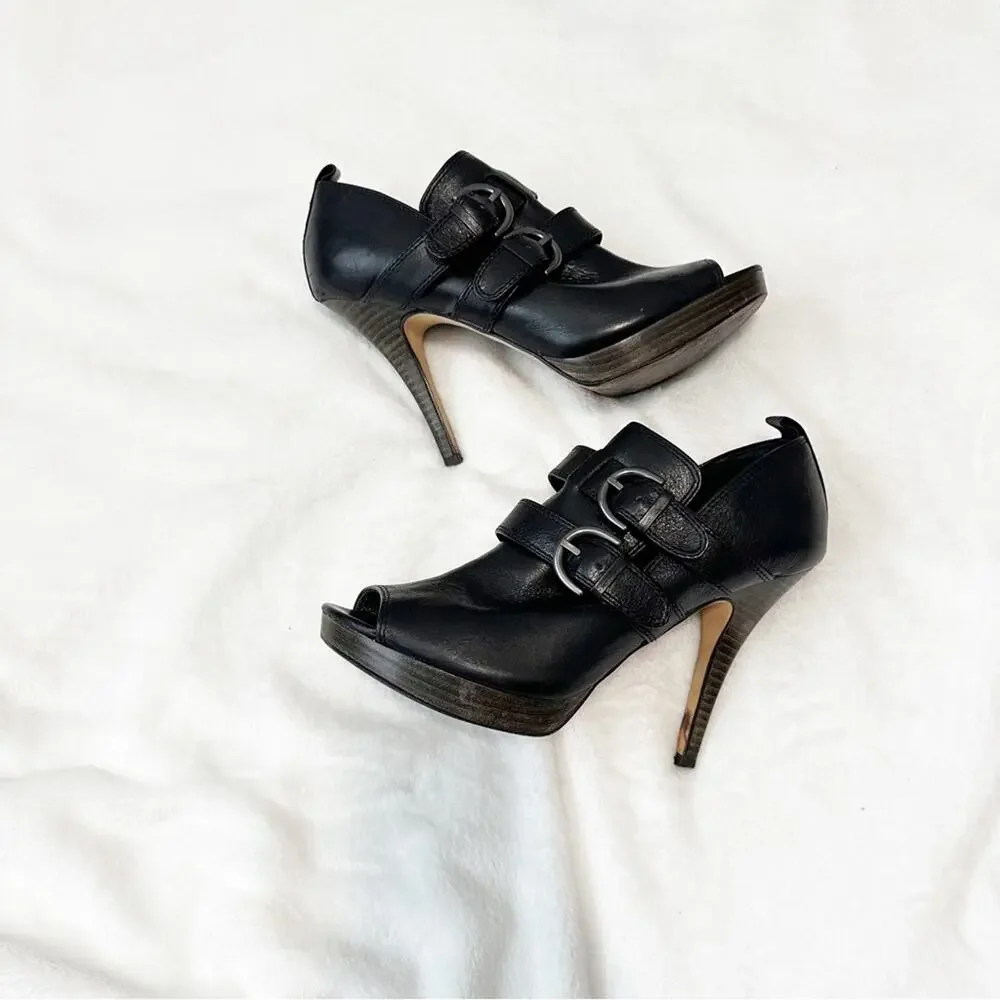 Coach Alexia black leather peep toe heels pumps size 8 sandals buckle - Picture 6 of 10